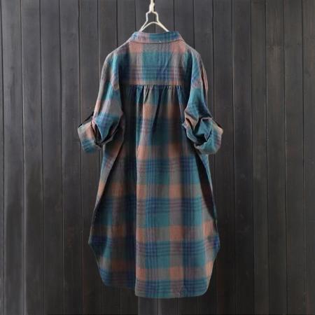 BY10796# 韩版棉麻格子衬衫女款薄外套宽松开衫中长款速卖通长袖衬衣 服裝批發女裝批發服飾貨源