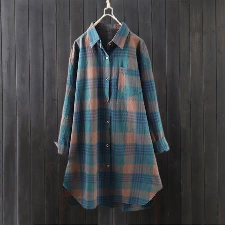 BY10796# 韩版棉麻格子衬衫女款薄外套宽松开衫中长款速卖通长袖衬衣 服裝批發女裝批發服飾貨源