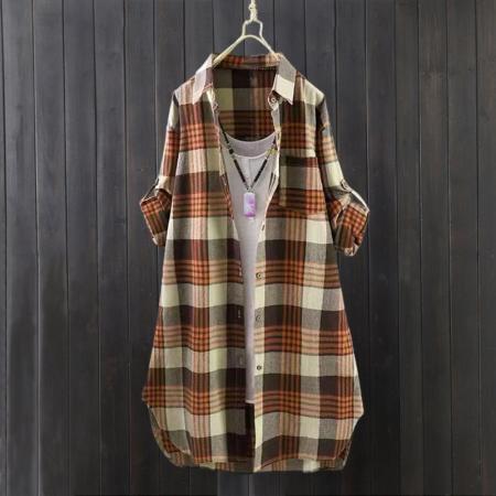 BY10796# 韩版棉麻格子衬衫女款薄外套宽松开衫中长款速卖通长袖衬衣 服裝批發女裝批發服飾貨源