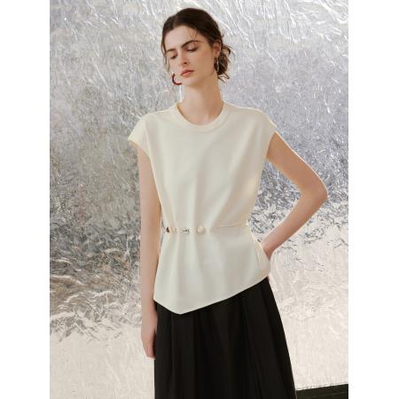 BY10806# 米白高级感圆领无袖短袖女春季新款内搭宽肩休闲内搭t恤 服裝批發女裝批發服飾貨源