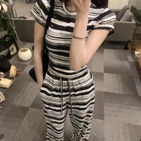 BY10808# 纯欲辣妹条纹短袖阔腿裤夏季新款修身显瘦套装 服裝批發女裝批發服飾貨源