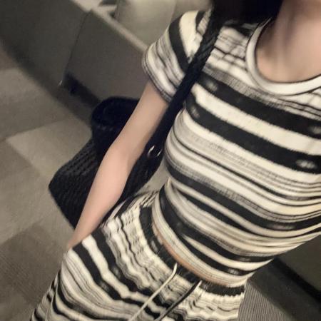 BY10808# 纯欲辣妹条纹短袖阔腿裤夏季新款修身显瘦套装 服裝批發女裝批發服飾貨源