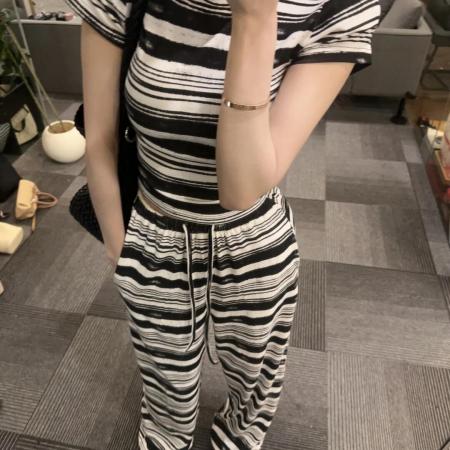 BY10808# 纯欲辣妹条纹短袖阔腿裤夏季新款修身显瘦套装 服裝批發女裝批發服飾貨源