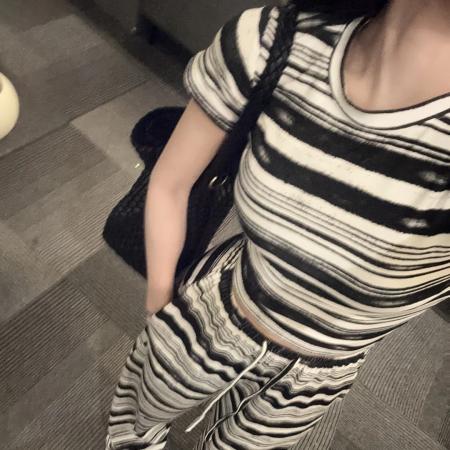 BY10808# 纯欲辣妹条纹短袖阔腿裤夏季新款修身显瘦套装 服裝批發女裝批發服飾貨源