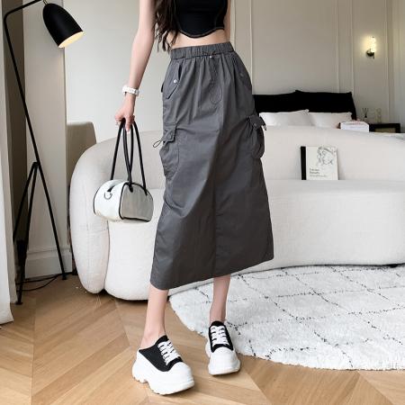 BY10809# 春夏新款半身裙大码工装裙设计感松紧腰休闲A字中长款辣妹裙 服裝批發女裝批發服飾貨源