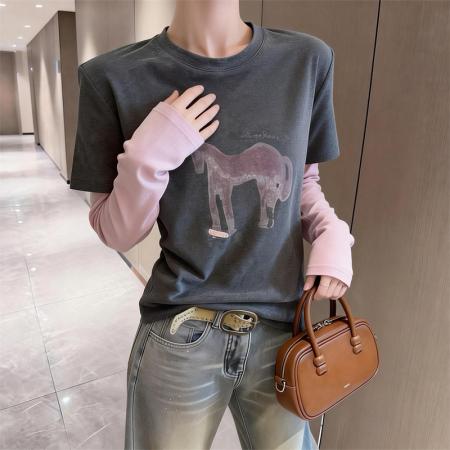 BY10811# 春上新设计感假两件撞色印花长袖T恤女上衣 服裝批發女裝批發服飾貨源