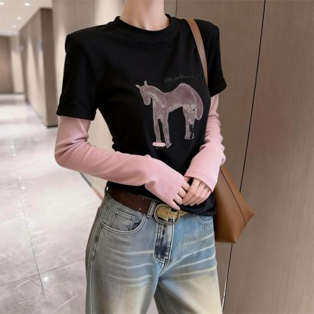 BY10811# 春上新设计感假两件撞色印花长袖T恤女上衣 服裝批發女裝批發服飾貨源