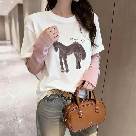 BY10811# 春上新设计感假两件撞色印花长袖T恤女上衣 服裝批發女裝批發服飾貨源