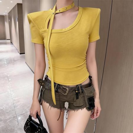 BY10812# 夏季飘带磨菇钉设计感别致上衣女韩系修身显瘦短袖t恤女 服裝批發女裝批發服飾貨源