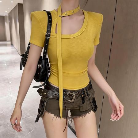 BY10812# 夏季飘带磨菇钉设计感别致上衣女韩系修身显瘦短袖t恤女 服裝批發女裝批發服飾貨源