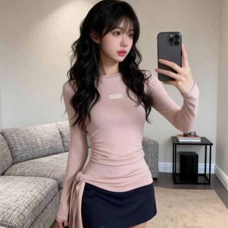 BY10815# 春上新韩系甜妹软糯长袖打底衫女刺绣抽绳绑带辣妹上衣 服裝批發女裝批發服飾貨源