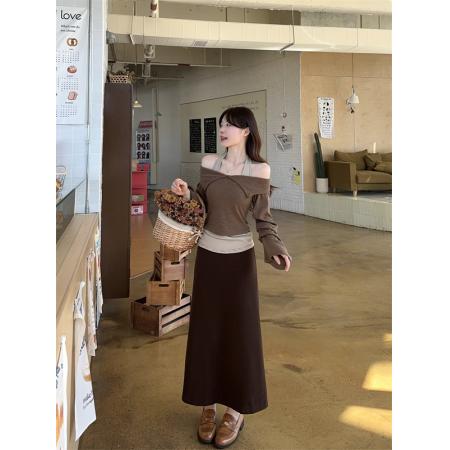 BY10817# 别致一字肩拼接挂脖喇叭袖上衣百搭半身裙 服裝批發女裝批發服飾貨源