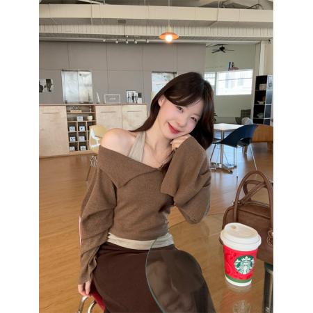 BY10817# 别致一字肩拼接挂脖喇叭袖上衣百搭半身裙 服裝批發女裝批發服飾貨源