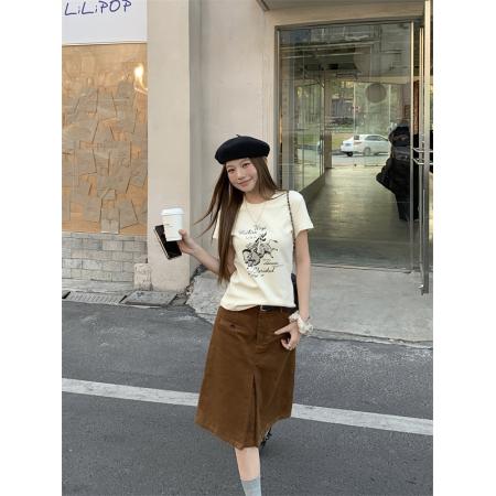 BY10818# 圆领印花宽松休闲t+百搭纽扣开叉半身裙 服裝批發女裝批發服飾貨源