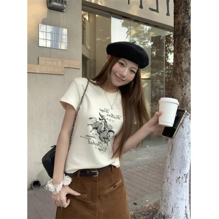 BY10818# 圆领印花宽松休闲t+百搭纽扣开叉半身裙 服裝批發女裝批發服飾貨源