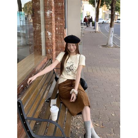 BY10818# 圆领印花宽松休闲t+百搭纽扣开叉半身裙 服裝批發女裝批發服飾貨源