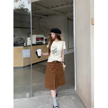 BY10818# 圆领印花宽松休闲t+百搭纽扣开叉半身裙 服裝批發女裝批發服飾貨源