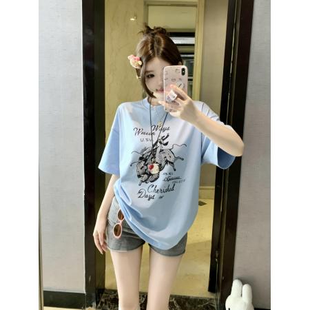 BY10819# 韩系oversize圆领设计感印花短袖T恤女显瘦百搭休闲慵懒上衣 服裝批發女裝批發服飾貨源