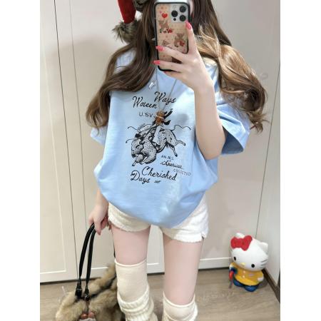 BY10819# 韩系oversize圆领设计感印花短袖T恤女显瘦百搭休闲慵懒上衣 服裝批發女裝批發服飾貨源