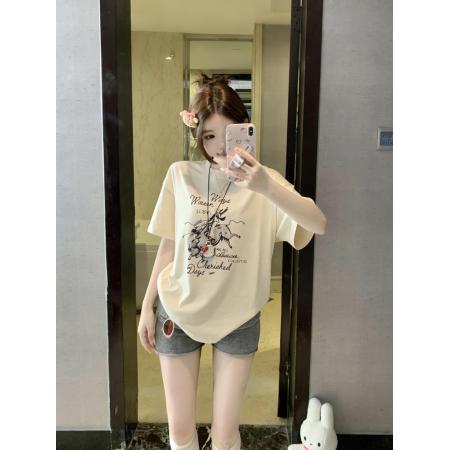 BY10819# 韩系oversize圆领设计感印花短袖T恤女显瘦百搭休闲慵懒上衣 服裝批發女裝批發服飾貨源
