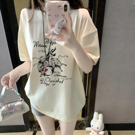 BY10819# 韩系oversize圆领设计感印花短袖T恤女显瘦百搭休闲慵懒上衣 服裝批發女裝批發服飾貨源