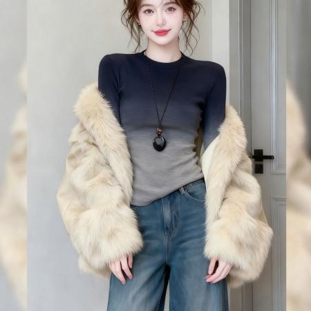 BY10823# 高级感渐变灰高领上衣秋冬女装轻熟小众不撞款打底内搭德绒女打底 服裝批發女裝批發服飾貨源