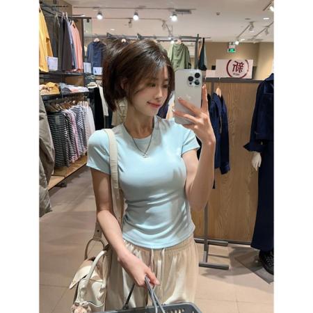 BY10824# 精梳棉后包领夏季新款显瘦修身辣妹短款正肩上衣 服裝批發女裝批發服飾貨源