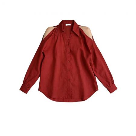 BY10826# 港风穿搭露肩红色衬衫春装女款新款设计感法式小资别致上衣 服裝批發女裝批發服飾貨源