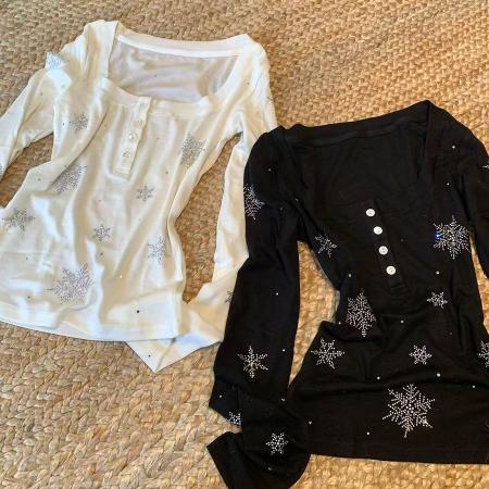 BY10828# 烫钻雪花T恤天丝羊毛亨利衫早春修身内搭长袖上衣 服裝批發女裝批發服飾貨源