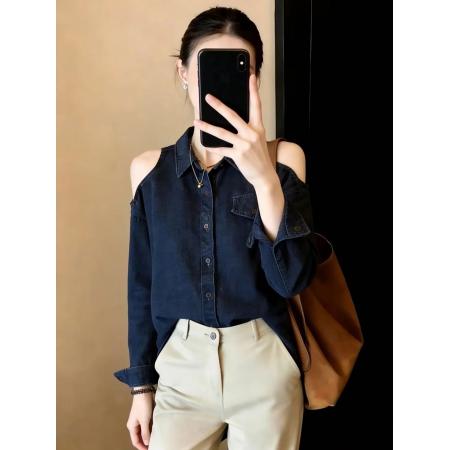 BY10829# 两边露肩牛仔长袖衬衫女新款春季大码胖mm轻奢高级感洋气上衣 服裝批發女裝批發服飾貨源