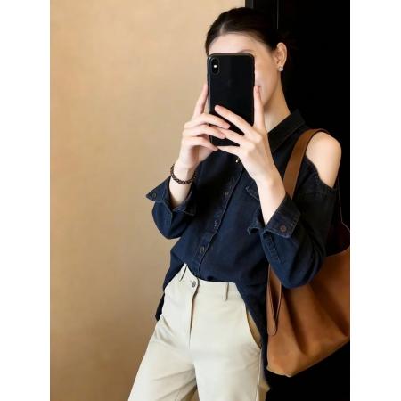 BY10829# 两边露肩牛仔长袖衬衫女新款春季大码胖mm轻奢高级感洋气上衣 服裝批發女裝批發服飾貨源