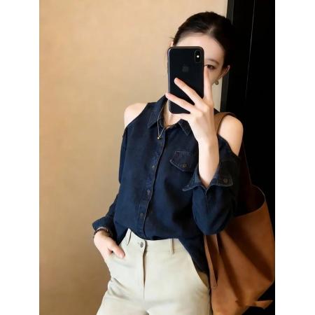 BY10829# 两边露肩牛仔长袖衬衫女新款春季大码胖mm轻奢高级感洋气上衣 服裝批發女裝批發服飾貨源