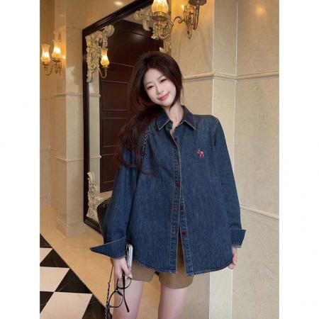 BY10830# 小马刺绣复古做旧牛仔衬衫女港风休闲百搭翻领长袖上衣 服裝批發女裝批發服飾貨源