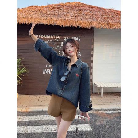 BY10830# 小马刺绣复古做旧牛仔衬衫女港风休闲百搭翻领长袖上衣 服裝批發女裝批發服飾貨源