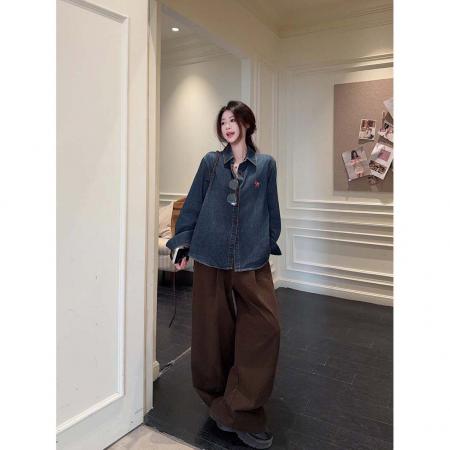 BY10830# 小马刺绣复古做旧牛仔衬衫女港风休闲百搭翻领长袖上衣 服裝批發女裝批發服飾貨源