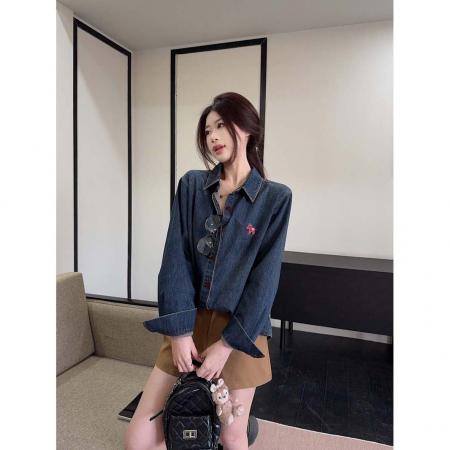 BY10830# 小马刺绣复古做旧牛仔衬衫女港风休闲百搭翻领长袖上衣 服裝批發女裝批發服飾貨源