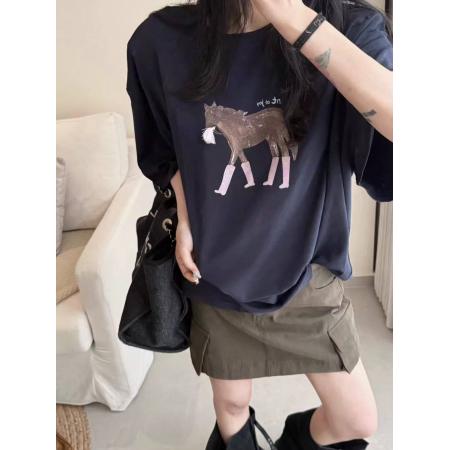 BY10831# 韩国东大门春夏新款卡通趣味小马印花垫肩短袖T恤女半袖上衣 服裝批發女裝批發服飾貨源