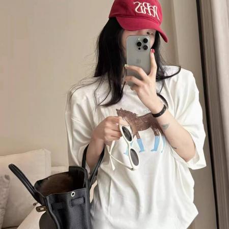 BY10831# 韩国东大门春夏新款卡通趣味小马印花垫肩短袖T恤女半袖上衣 服裝批發女裝批發服飾貨源