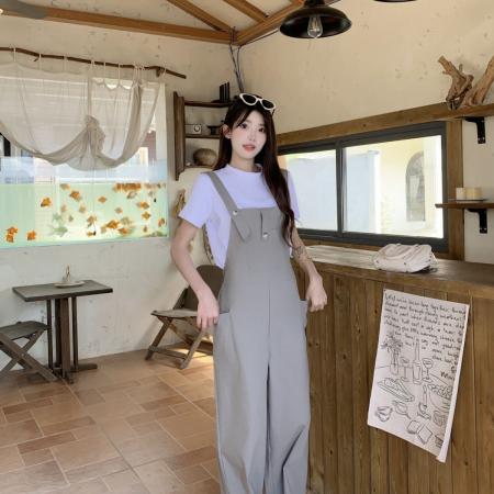 BY10835# 今年流行爆款灰色背带裤春夏季新款设计感宽松慵懒风长裤套装 服裝批發女裝批發服飾貨源