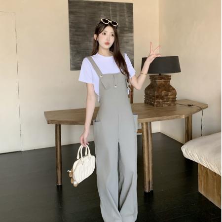 BY10835# 今年流行爆款灰色背带裤春夏季新款设计感宽松慵懒风长裤套装 服裝批發女裝批發服飾貨源