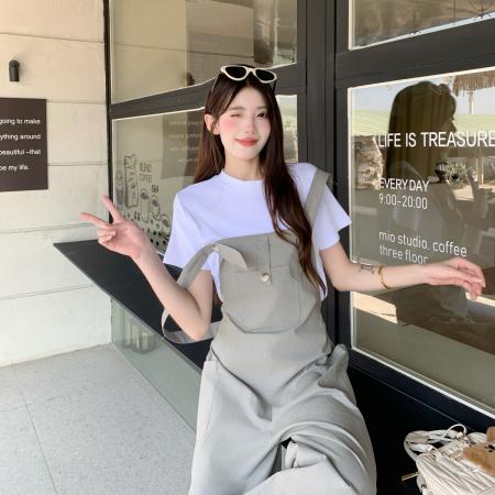 BY10835# 今年流行爆款灰色背带裤春夏季新款设计感宽松慵懒风长裤套装 服裝批發女裝批發服飾貨源