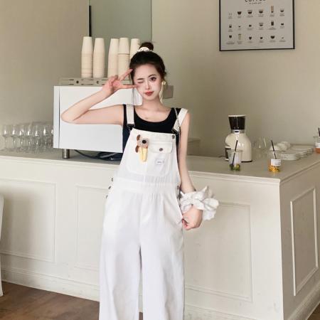 BY10836# 套装粉色多巴胺背带裤女韩版宽松春夏季新款高腰直筒阔腿牛仔长裤 服裝批發女裝批發服飾貨源