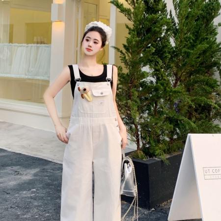 BY10836# 套装粉色多巴胺背带裤女韩版宽松春夏季新款高腰直筒阔腿牛仔长裤 服裝批發女裝批發服飾貨源