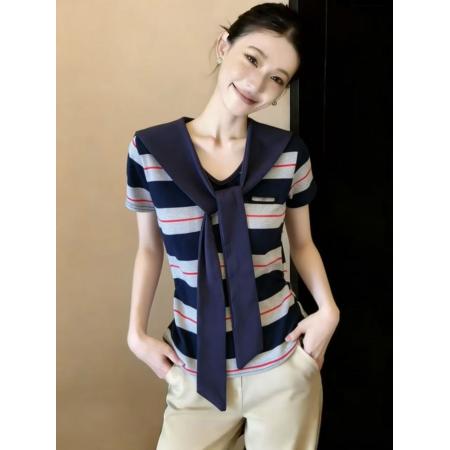 BY10837# 学院风条纹撞色海军领披肩假两件短袖T恤女设计感小个子上衣 服裝批發女裝批發服飾貨源