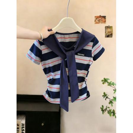 BY10837# 学院风条纹撞色海军领披肩假两件短袖T恤女设计感小个子上衣 服裝批發女裝批發服飾貨源