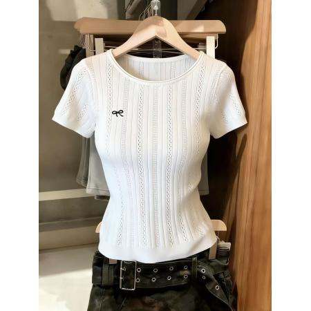 BY10839# 轻奢高端货法式排扣镂空冰丝短袖针织衫女夏季新款上衣chic 服裝批發女裝批發服飾貨源