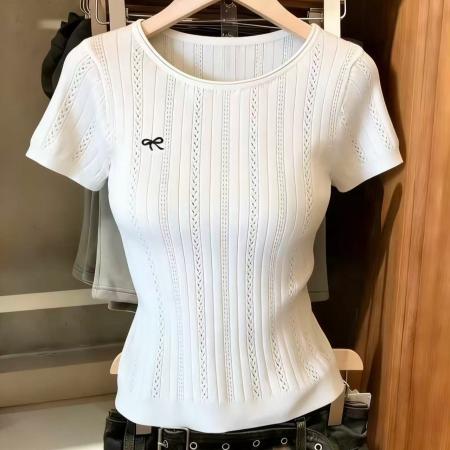 BY10839# 轻奢高端货法式排扣镂空冰丝短袖针织衫女夏季新款上衣chic 服裝批發女裝批發服飾貨源