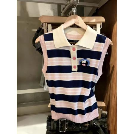 BY10840# 粉色条纹坎肩宽肩带针织背心女外穿polo领无袖t恤上衣高级感 服裝批發女裝批發服飾貨源
