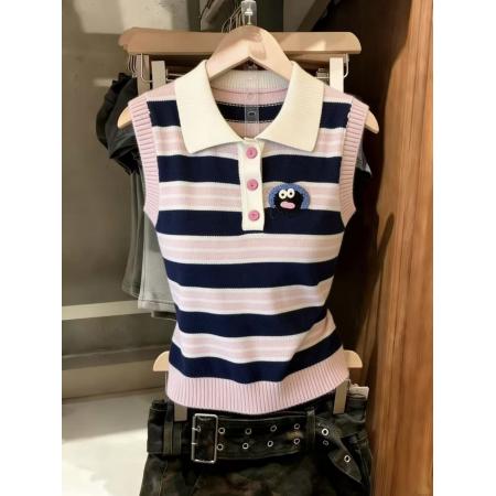 BY10840# 粉色条纹坎肩宽肩带针织背心女外穿polo领无袖t恤上衣高级感 服裝批發女裝批發服飾貨源