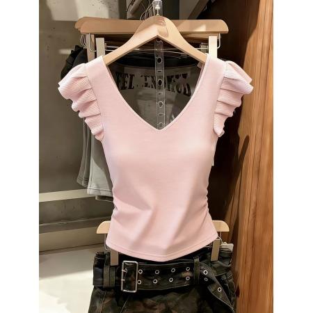 BY10841# 法式甜辣风粉色小飞袖上衣女夏季新款设计感小众短袖T恤衫ins 服裝批發女裝批發服飾貨源